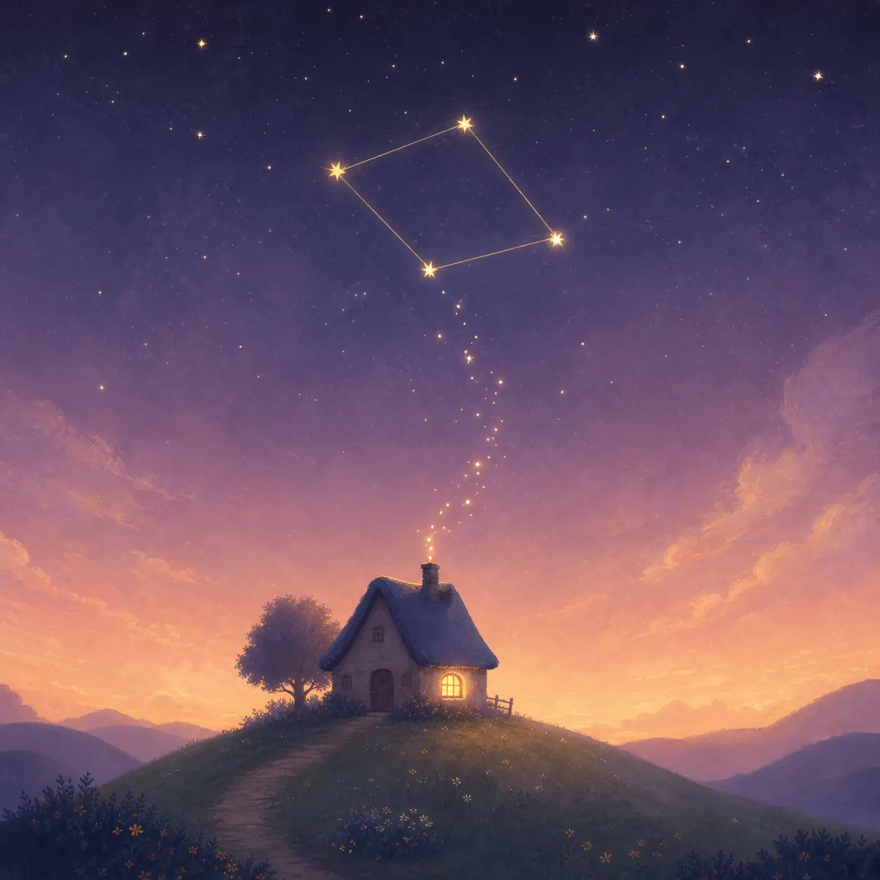 A sleeping house under a starry sky, constellation lines forming above the roof