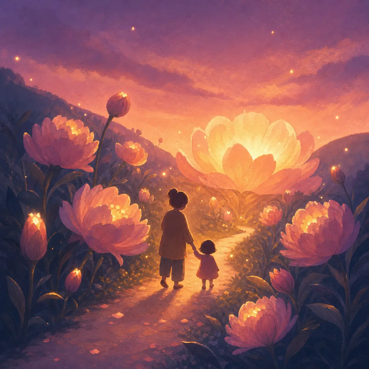 A parent and child in a softly glowing illustrated scene